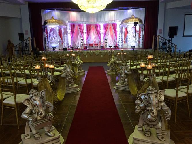 Empty chairs and tables in banquet hall