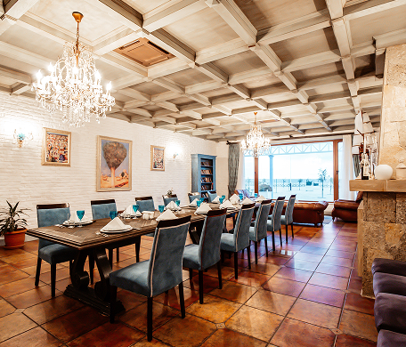 Empty chairs and tables in banquet hall